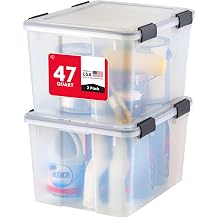 IRIS USA WeatherPro 47 Qt Storage Bins with Lids, 2 Pack, BPA-Free Plastic Gasket Box with Tight Latch and Seal, Stackable Nestable Tote Tub - Clear/Black
