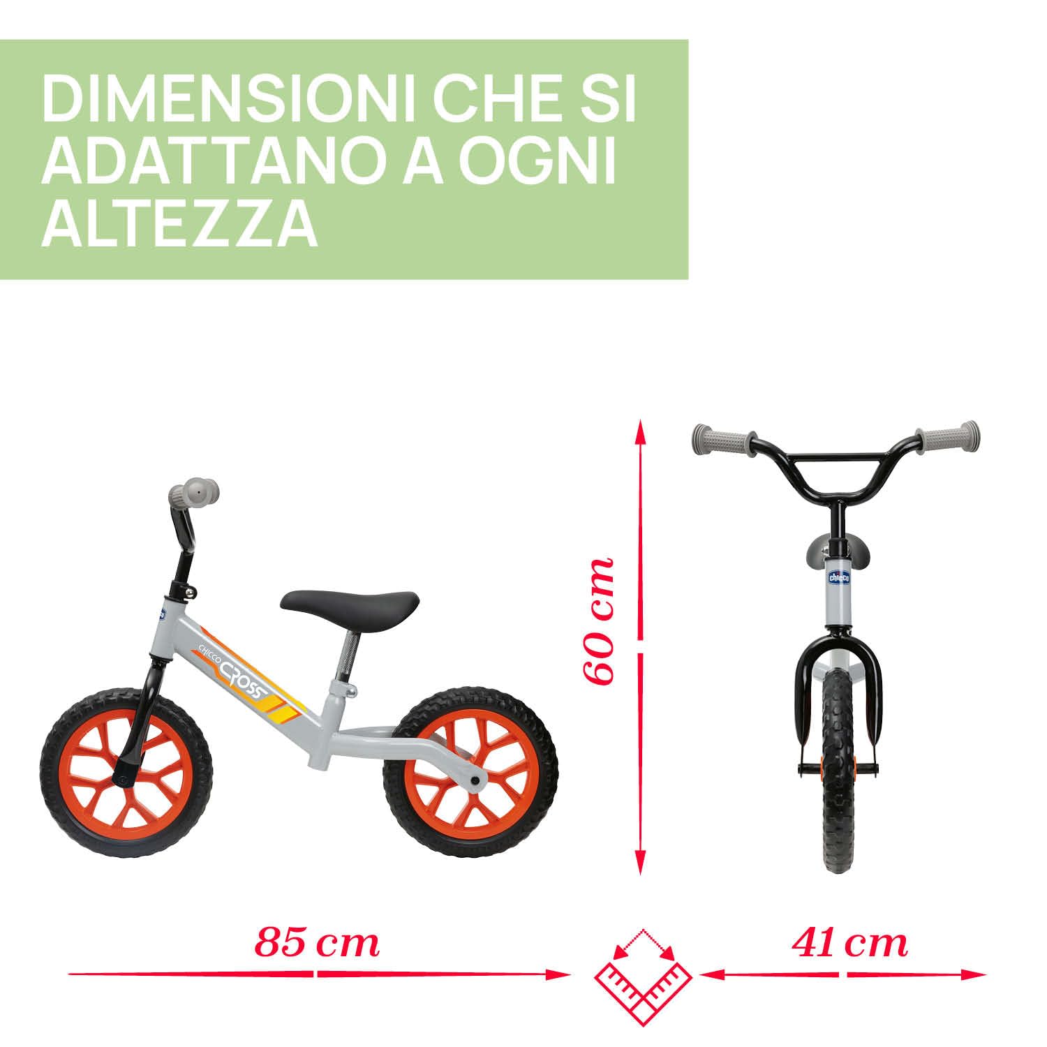 Chicco Balance Bike Cross, Bicicletta Bambini Senza Pedali, Design Cross Country, Ruote Grandi, Manubrio e Sellino Regolabili, Bici Senza Pedali per l'Equilibrio, Max 25 Kg, Giochi Bambini 3-5 Anni