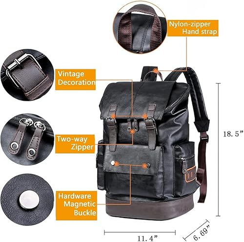 Miniatura 3 de CHAO RAN Mochila vintage de cuero para computadora portátil para hombres, mochila de cuero negro para hombres.., Negro -, Colegio Viajes Backapck