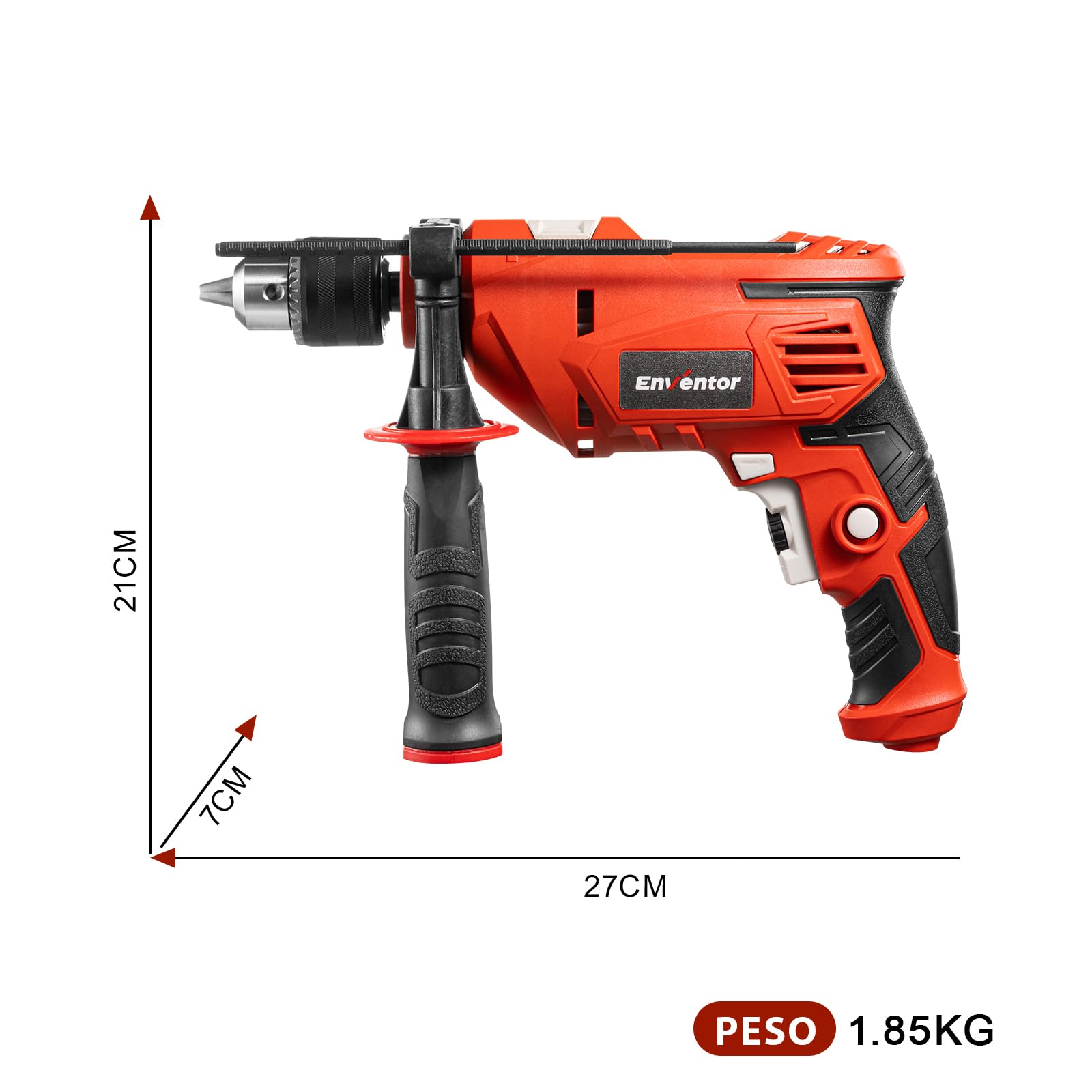 Enventor Trapano a Percussione 900W, Trapano Elettrico a Filo con 37 Accessori, Funzione 2 in 1, 0-3000RPM, Impugnatura Ausiliaria a 360°, Mandrino da 13MM, per Calcestruzzo, Metallo e Legno