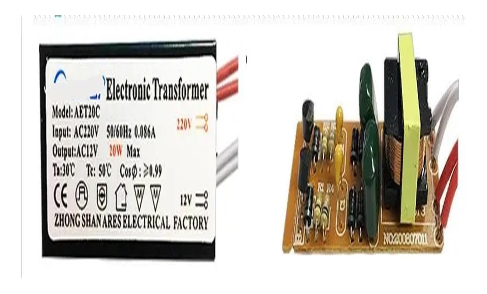 Transformador electrónico CA 220V a CA 12V 20W para lámparas halógenas