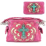 Justin West Tooled Turquoise Stone Cross Rhinestone Laser Cut Shoulder Chain Concealed Carry Handbag Purse Wallet Messenger (Hot Pink Handbag and Wallet)