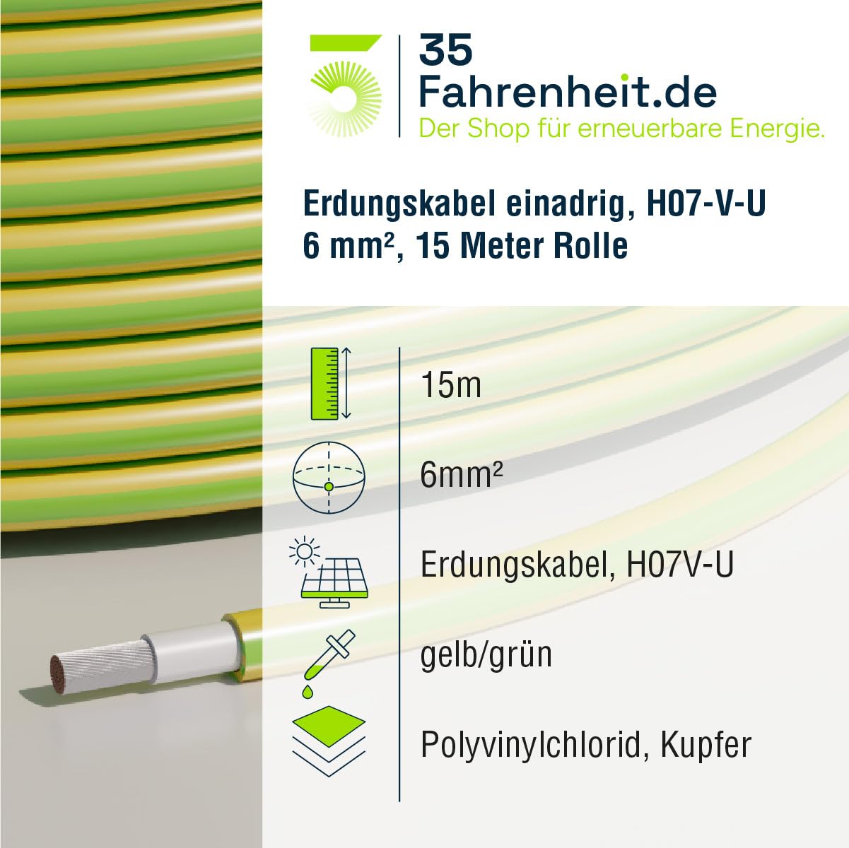 Câble de terre 15 m 6 mm² H07V-U - Câble en cuivre monoconducteur - BV Single Core - Haute capacité - 450/750 V - Certifié VDE - Pour mise à la terre, installation électrique, installations solaires