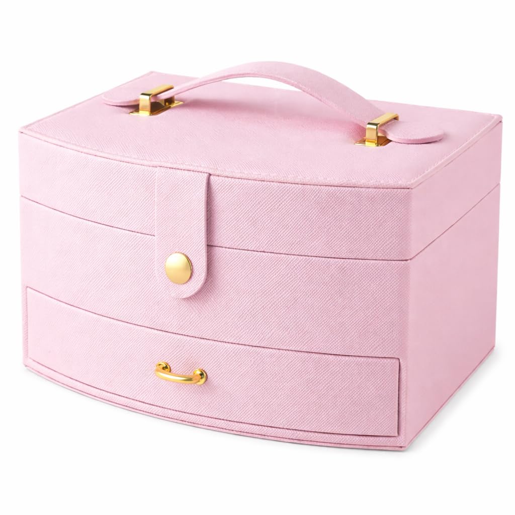 Top Sale Jewellery Box Organiser with Mirror and Drawer, Multi Layer Jewellery Storage Box for Rings Earrings Necklaces and Bracelets, Travel Jewellery Case, Pink Gift for Women