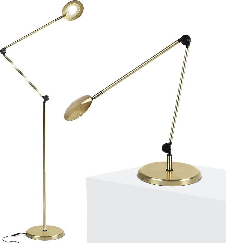 Brightech Sage Lámpara de pie y mesa LED 2 en 1 - Lámpara de lectura de piso ajustable sobre silla, para sala de estar y oficina - Luz de trabajo regulable con 3 modos de color - Cabeza giratoria de 360 ​​grados - Dorado
