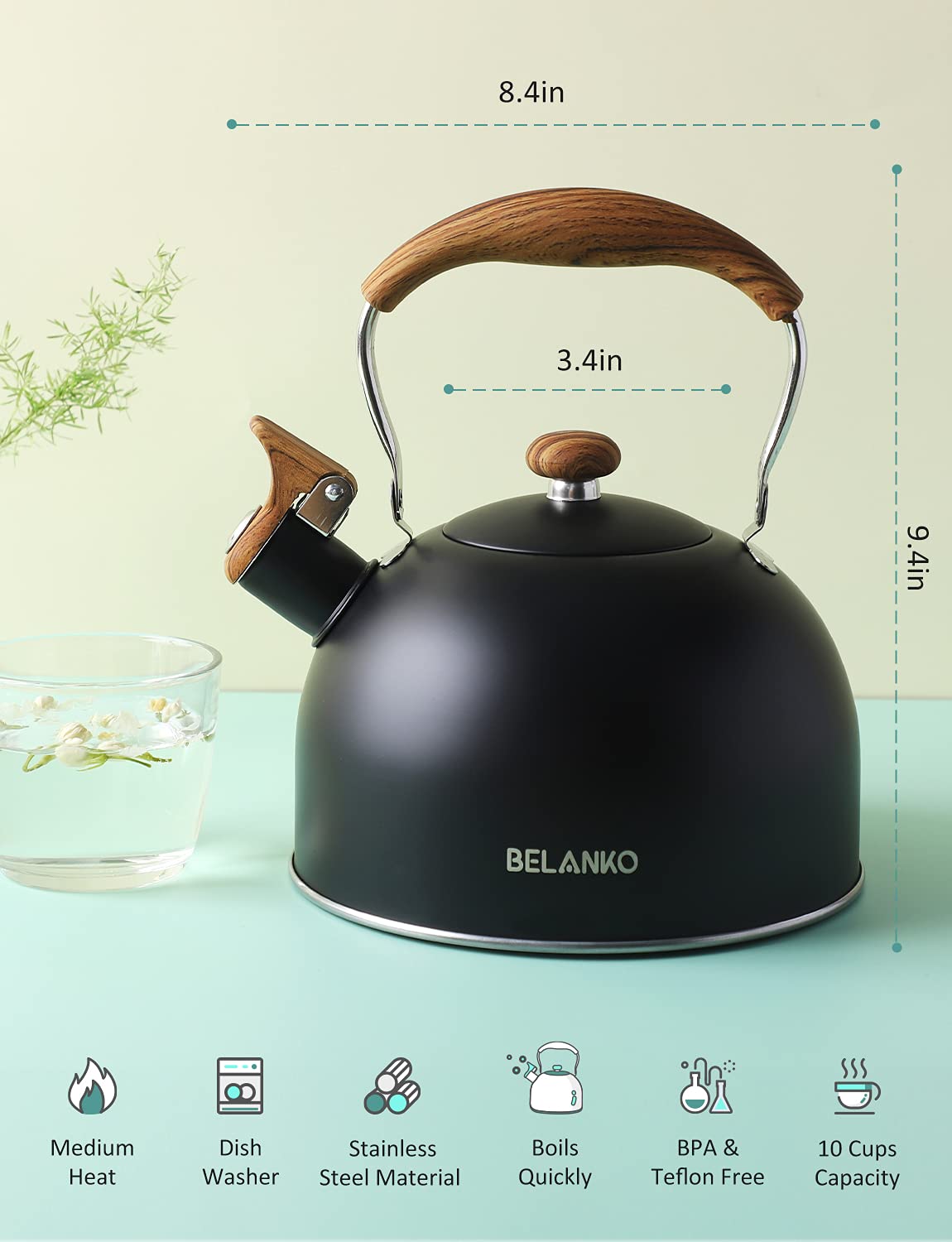 Tea Kettle, BELANKO 85 OZ / 2.5 Liter Whistling Tea Kettle, Tea Pots for Stove Top Food Grade Stainless Steel with Wood Pattern Folding Handle, Loud Whistle Kettle for Tea, Coffee, Milk - Black, view 5