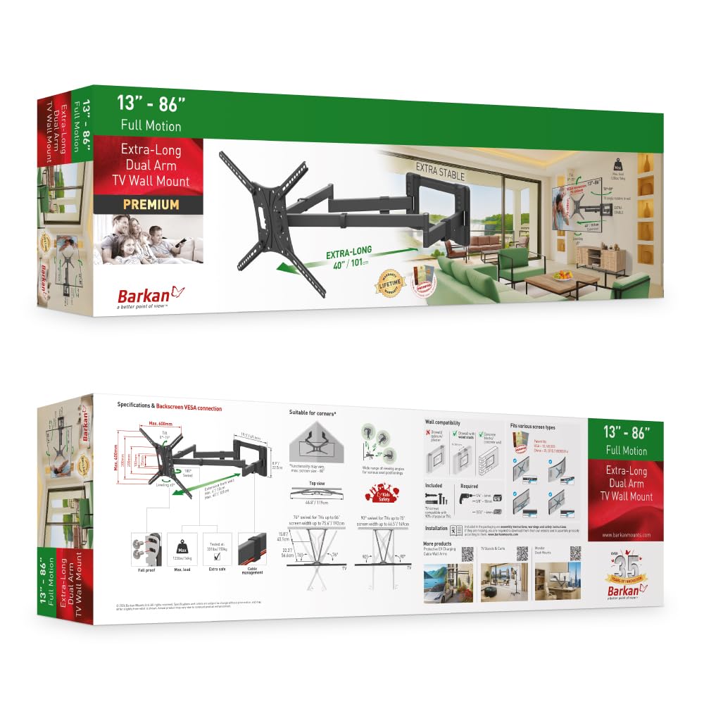 Barkan Longueur 101cm Support TV Mural pour écrans 13-80 Pouces, Double Bras, Inclinable et orientable, Poids Max. 50Kg, Extrêmement Stable, pour LED OLED LCD, jusqu'à VESA 600x400