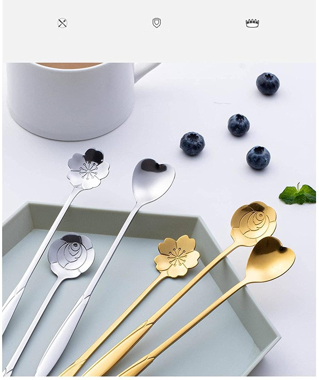 Cucharas De Mesa 1 ordenador personal Cuchara de acero inoxidable Cola flores Cucharada Accesorios cocina Vajilla Decoración Sopa Antigoteo Servir(Silver B Short)