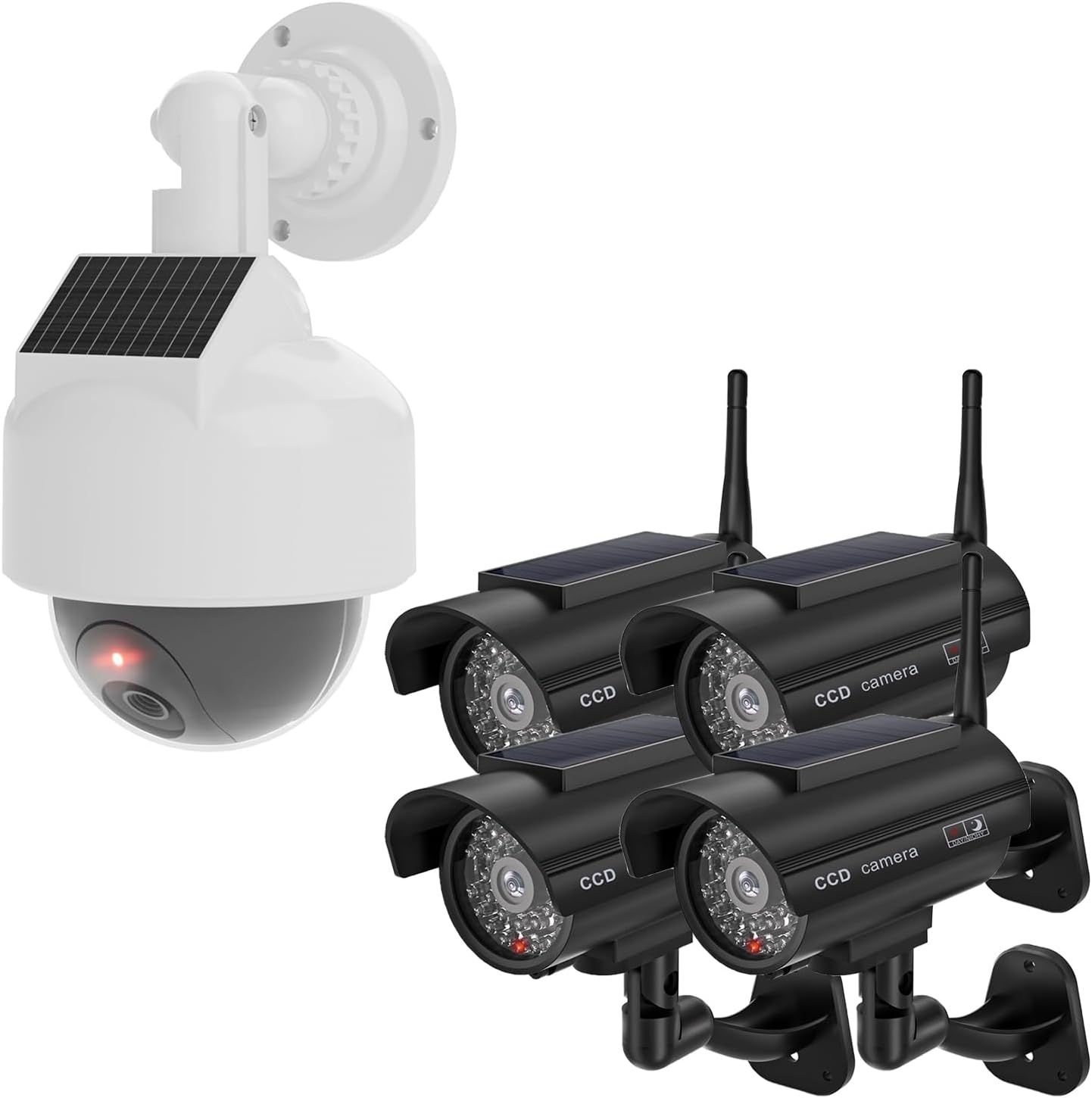 WALI Bundle – 2 Items: 1 Solar White Fake Dummy Camera，4 Solar Black Fake Dummy Cameras（DOW-SOL+SOL-TCB4）