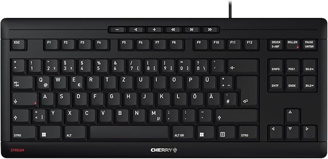Cherry Klawiatura strumieniowa TKL, niemiecki design, klawiatura QWERTZ, klawiatura przewodowa, niebieski anioł, mechanizm nożycowy SX, ciche naciśnięcie, czarny