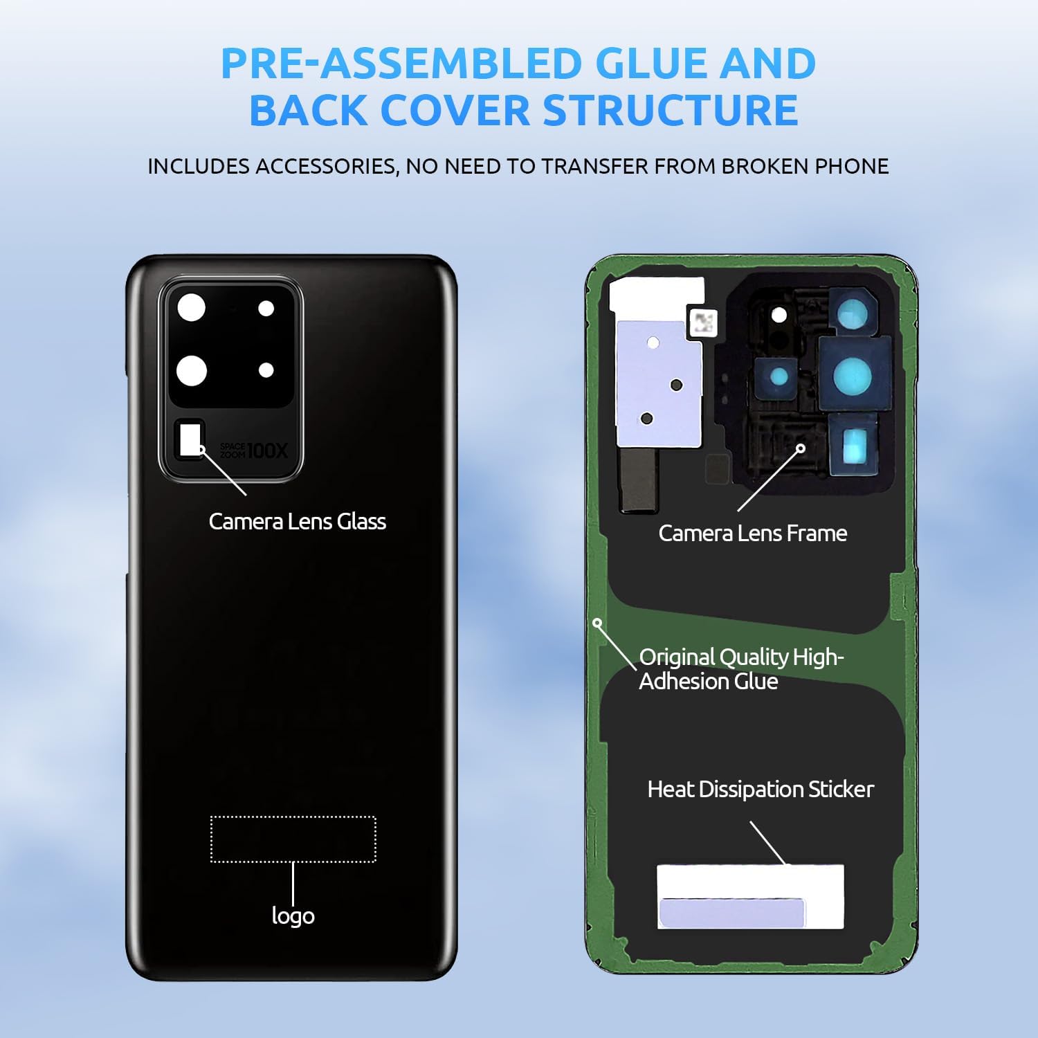 Back Glass Replacement for Samsung Galaxy S20 Ultra SM-G988 Back Cover Rear Housing with Camera Lens + Repair Tool Kit Genuine Rear Glass (Black)