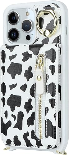 Miniatura 9 de DEYHU Funda para iPhone 13 Pro Max con tarjetero y correa para mujer, bolsa cruzada con soporte de anillo con cremallera para monedero Apple13promax