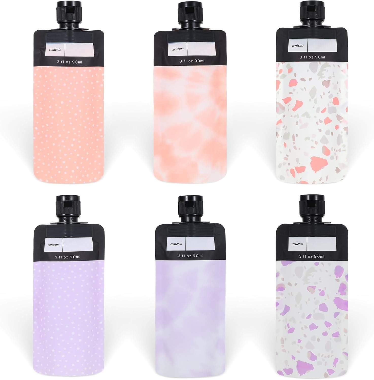 Sibba 6 Pcs Leak Proof Empty Squeeze Pouches 3 oz Portable Shampoo Liquid Container Refillable Travel Size Containers TSA Approved Travel Bottles Makeup Packing Bag for Lotion Face Cream Hand Soap