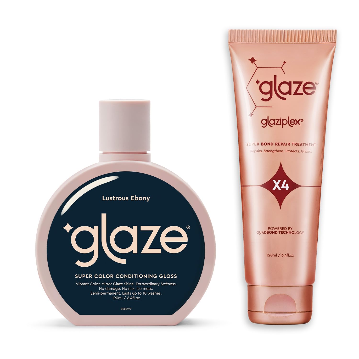 Glaze Lustrous Ebony Super Color Conditioning Gloss 6.4fl.oz & GlaziPlex Super Bond Repair Hair Treatment, 120ml. 4-in-1 Deep Conditioning Hair Mask