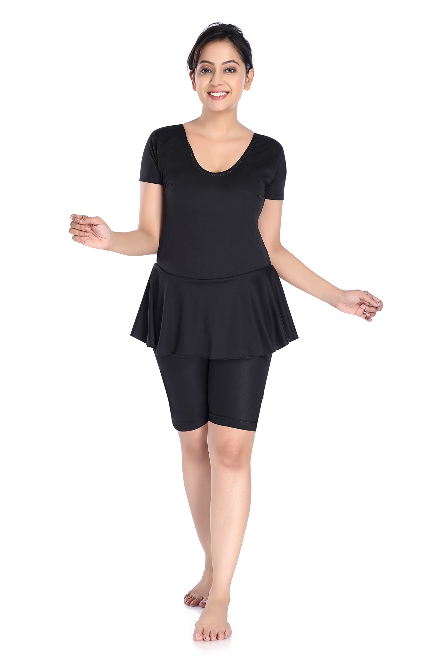 AquadoWomen Frock Style Short Sleeve & Knee Shorts Swimwear Swimsuit [Without Pads]