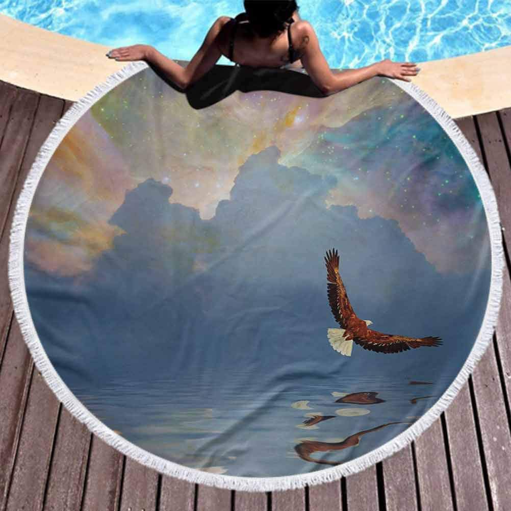 Luxury Thick Round Beach Towel Eagle Popular Handicrafts Beach Towel Majestic Huge Bird Flying above the Sea into the Starry Sky Freedom Themed Image for Travel, Gym, Camping Multicolor (Diameter 59")