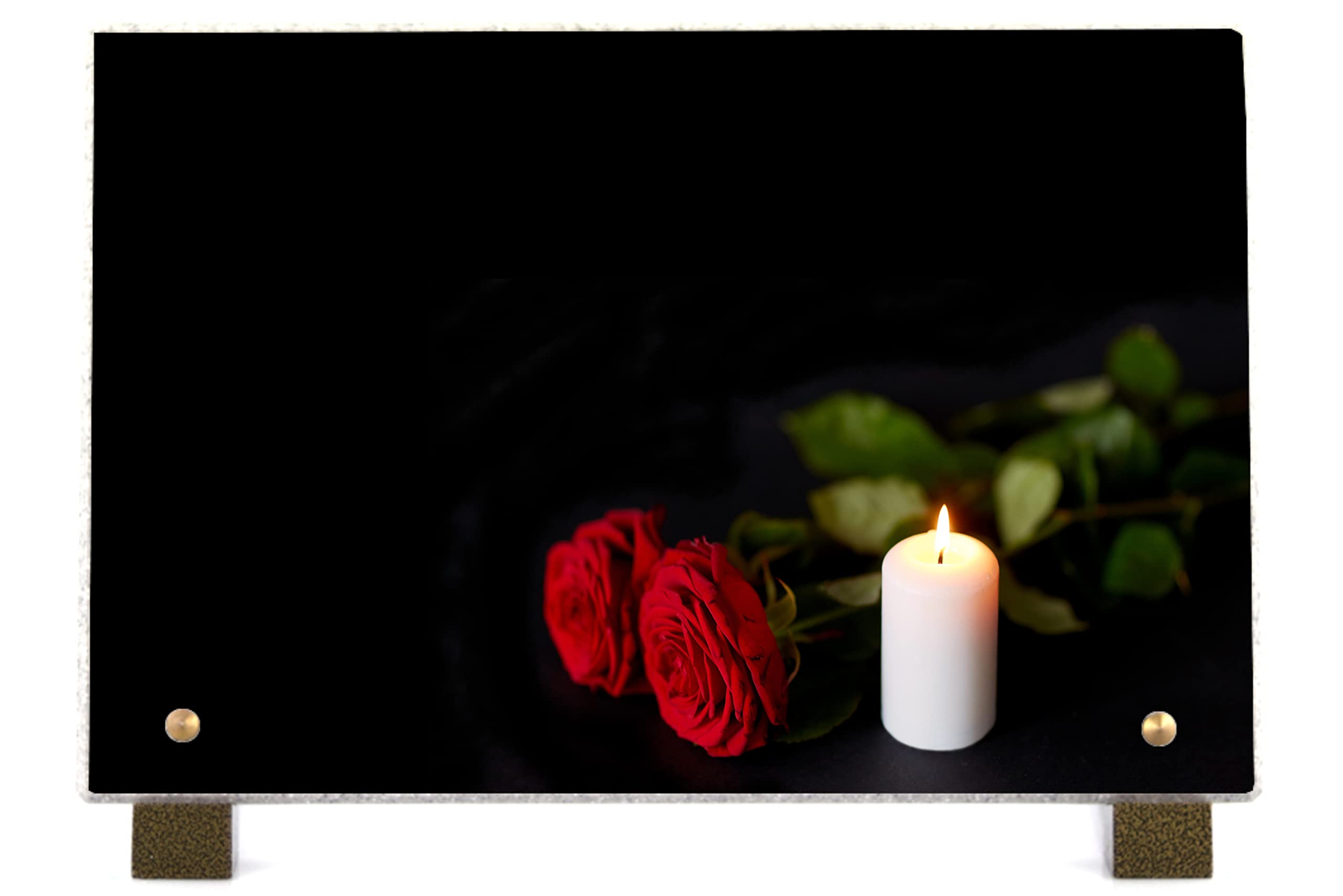 PHENIX | Plaque Funéraire Bougie, Plaque Funéraire Personnalisable Roses en Pierre (30x20 cm) - Plaque mortuaire - Texte 100% Personnalisable - Résistante aux UV - Bougie & Roses Rouges
