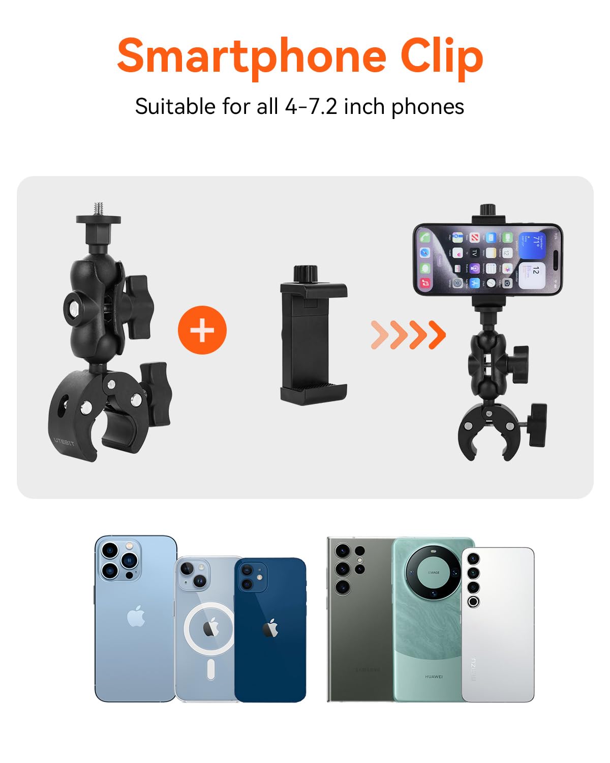 UTEBIT Uchwyt na kamerę sportową do motocykla ze śrubą 1/4", aluminiowy uchwyt na kamerę z podwójną głowicą kulową obracającą się o 360°, uchwyt do kamery GoPro, Insta360, DJI Osmo i telefonu