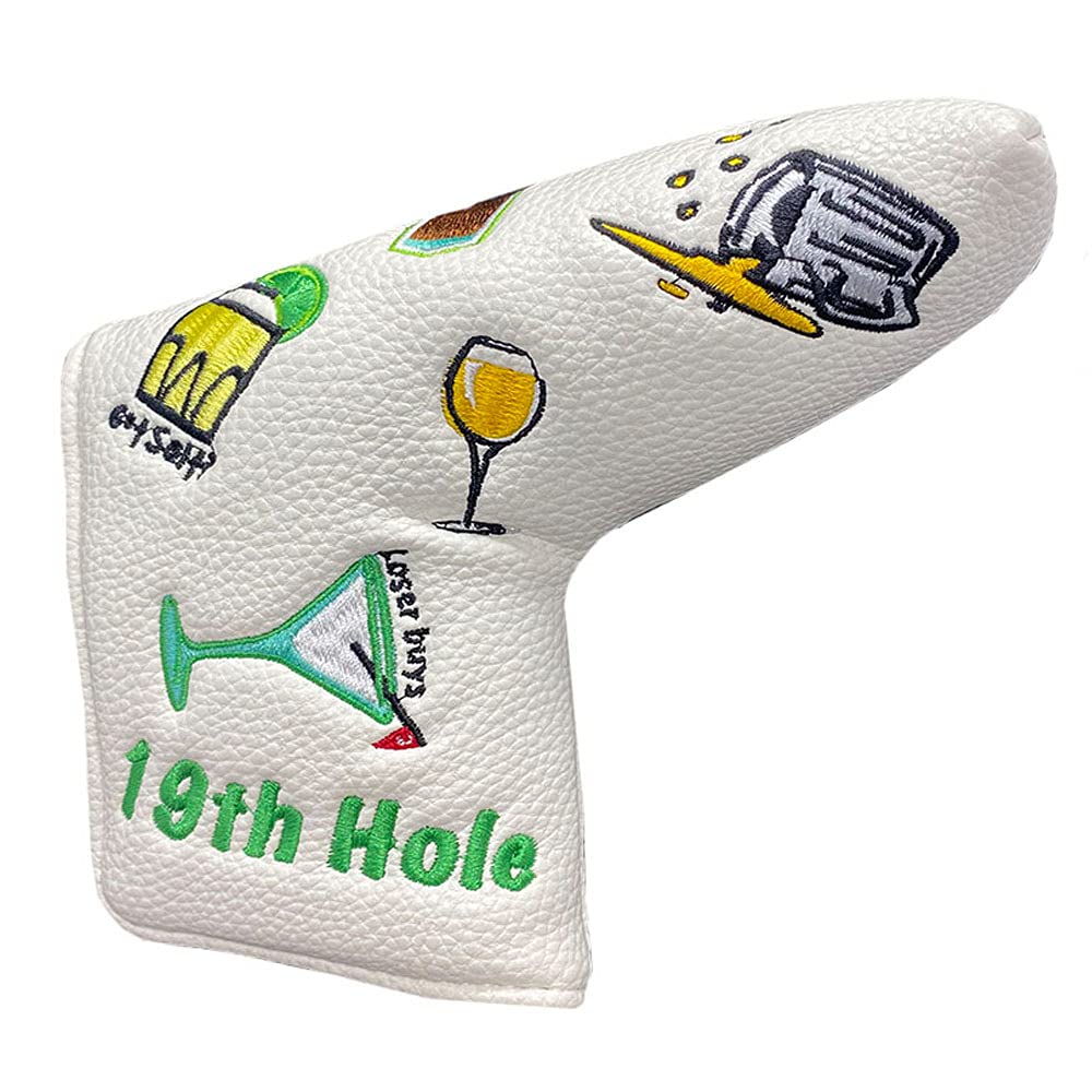 Giggle Golf Blade Putter Cover, PU Leather with Embroidered Designs and Magnetic Closure (19th Hole)