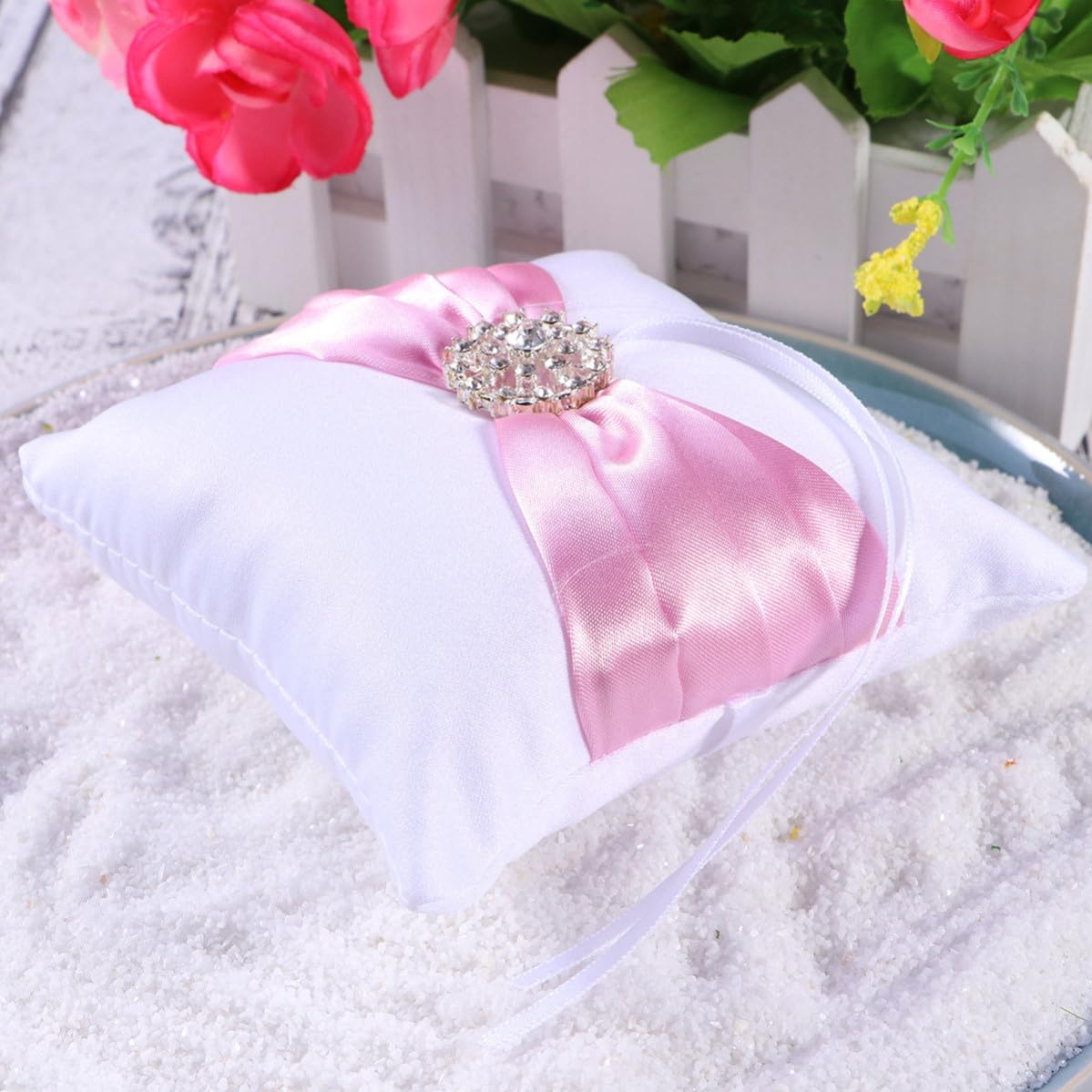 YARNOW Wedding Ring Bearer Pillow Cushion 10x10cm Cloth Pink Crystal Decor