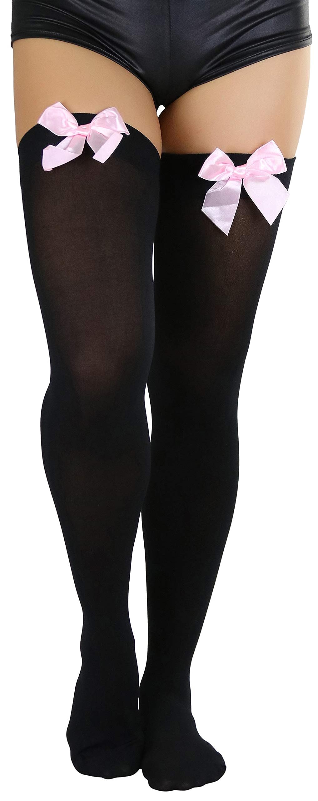 ToBeInStyle Women’s Opaque Long Thigh High Stockings w/Decorative Front Satin Bow
