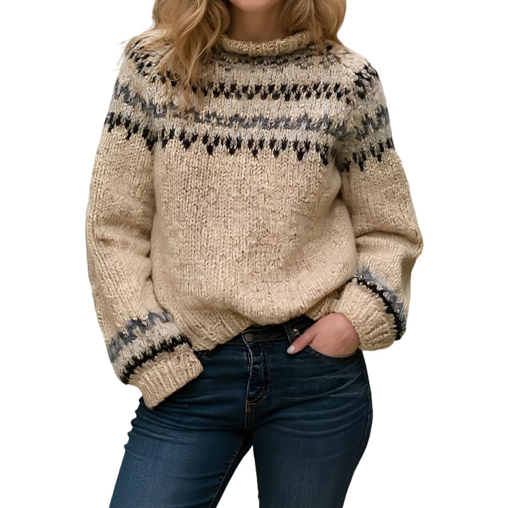Womens Vintage Fair Isle Turtleneck Colorblock Knit Sweater Fall Winter Long Sleeve Warm Plus Size Pullover Jumper Top