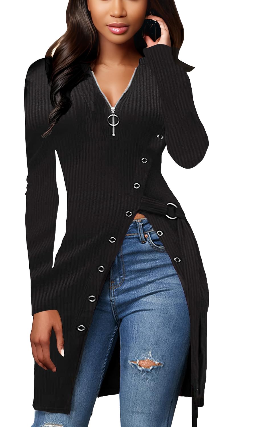 Glozeplus Sexy Sweaters For Women Long Sleeve Tunics Zip Up Ribbed Tops Knit Side Split Asymmetrical Blouse Top