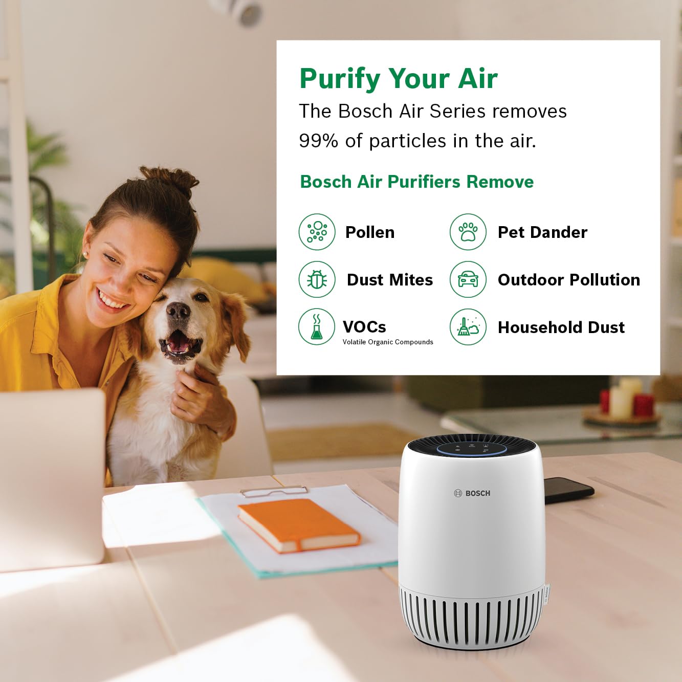 Bosch - Purificatore d'aria per la casa, piccoli spazi (coperture, 500 mq), filtro 2 in 1 per polline, fumo, polvere, peli e inquinamento esterno, odori, HEPA, Air 500, bianco