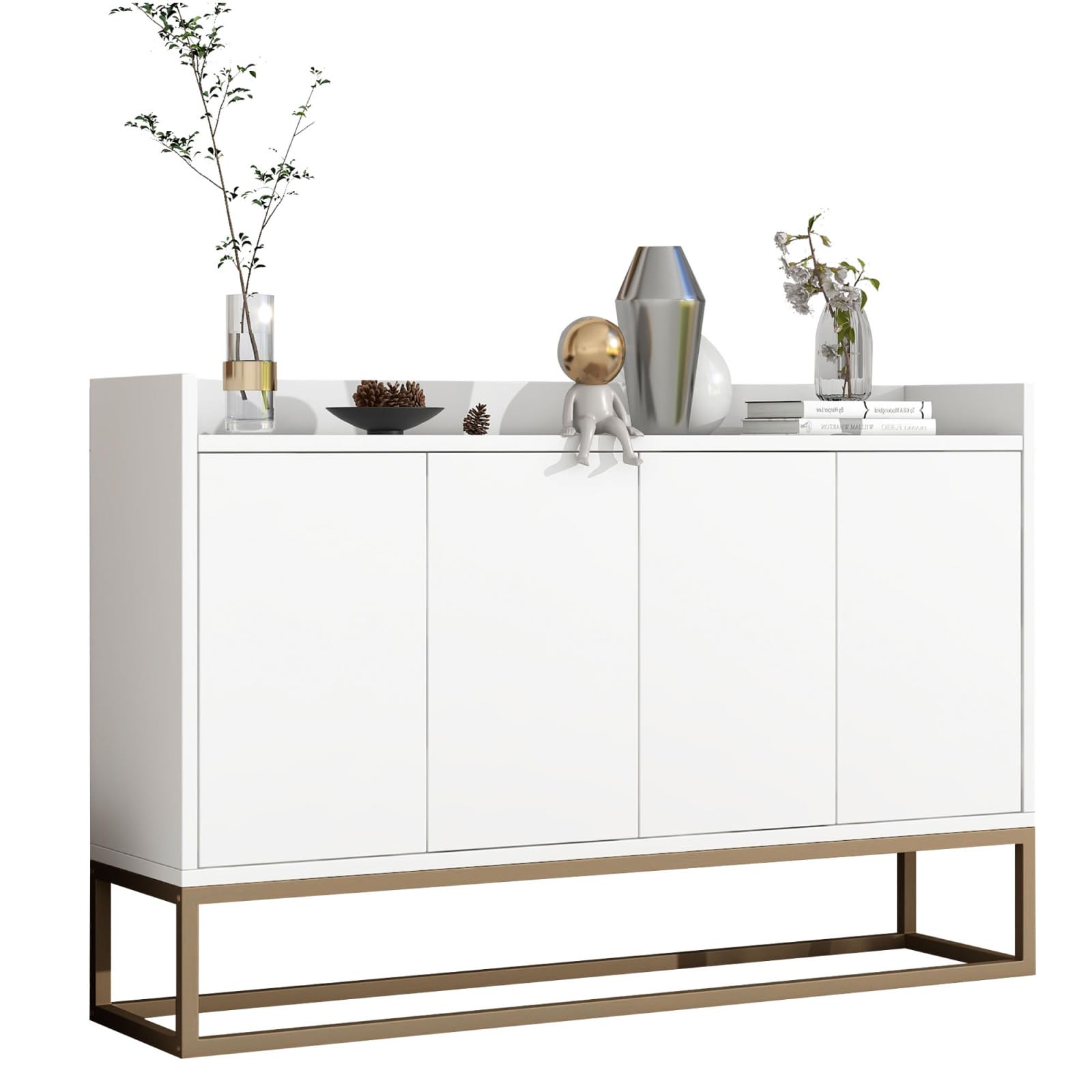 Générique Buffet, Buffet avec Pieds en métal doré, Meuble de Rangement de Style Moderne, Armoire, 4 Portes - 120 x 30 x 80 cm, pour Cuisine, Salle à Manger, Salon (Blanc)