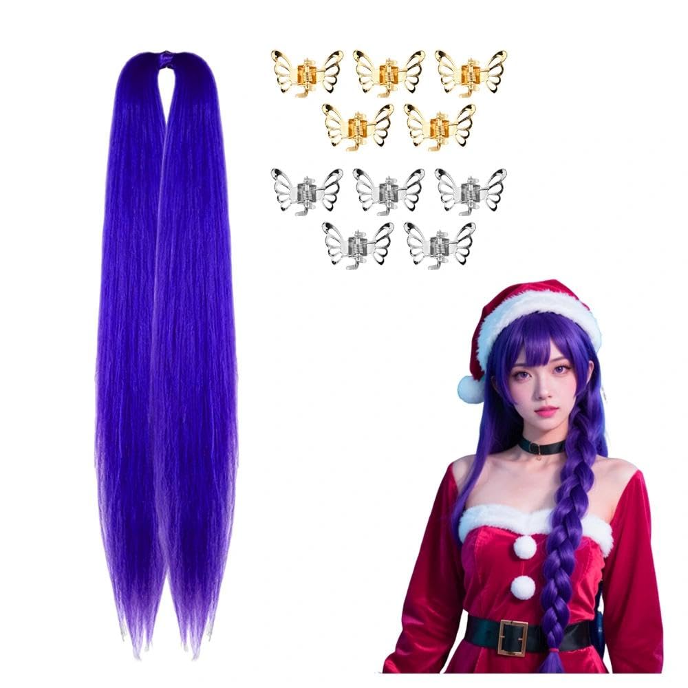 Ancnoz Purple Braiding Hair Pre Stretched Purple Synthetic Braid Hair Extension with 10 Pcs Hair Clips Ponytail Extension for Braids Christmas Costume Cosplay Party Rave Fantasy Looks