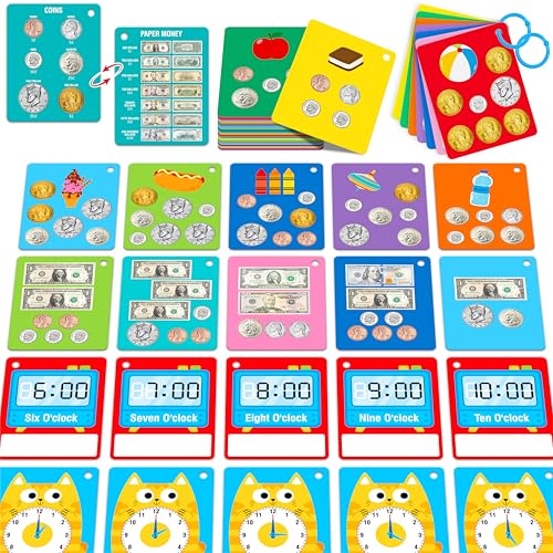 52 PCS Time & Money Flashcards Double Sided Cognition Cards-Coin Value Coin Combinations Counting Coins Telling Time Reading Clocks Learning Tool for Kids Ages 6+ Kindergarten Toddlers