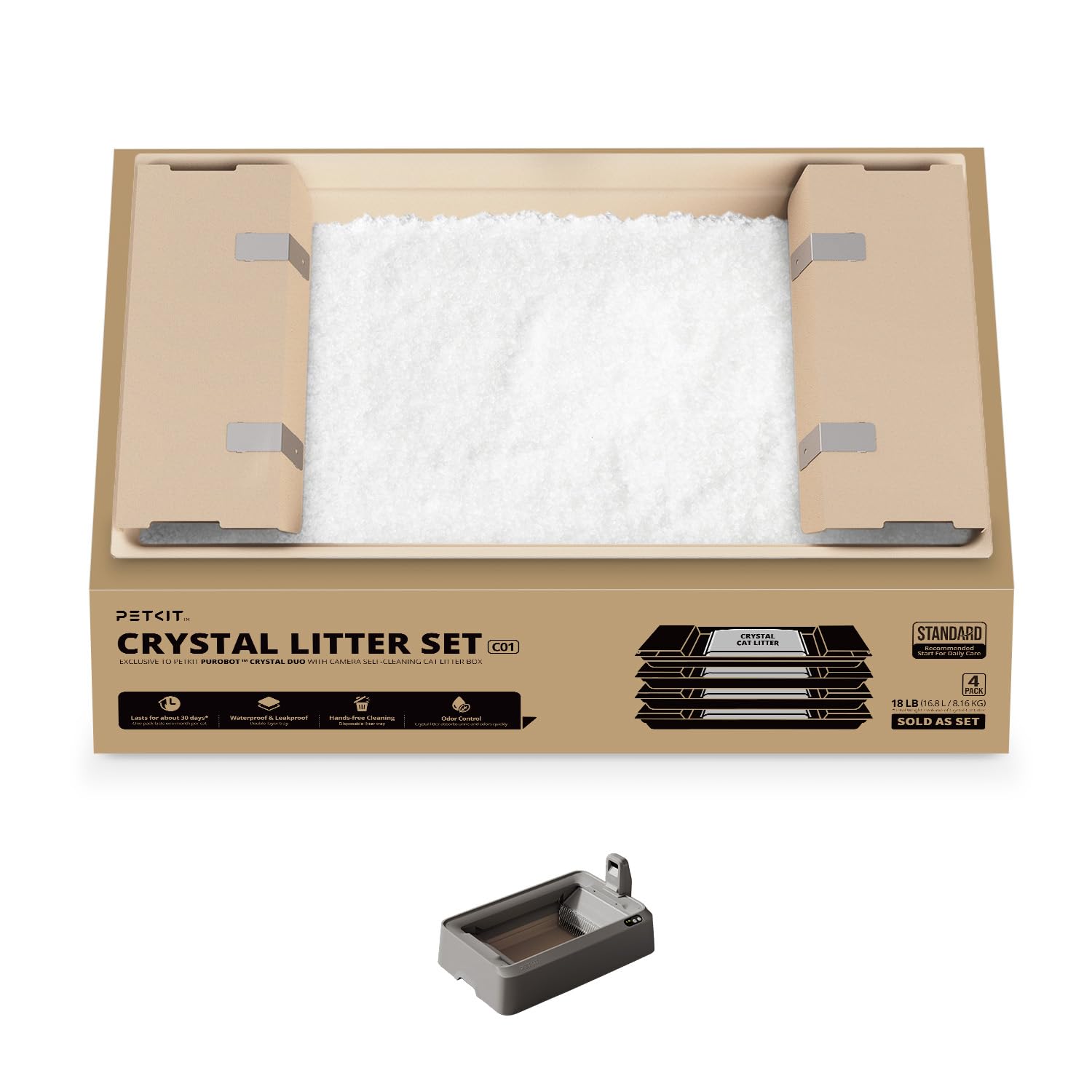 PETKIT Lettiera per Gatti Crystal, Lettiera per Gatti non Agglomerante, Compatibile con PUROBOT CRYSTAL DUO, Eliminazione Multi-odore, Antipolvere, Leggera e Pronta, Ricambio Diretto, 4 Sacchi