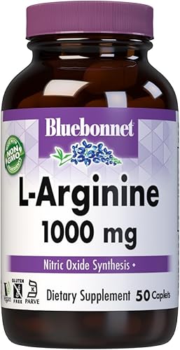 Bluebonnet Nutrition L-Arginina 1000 mg, Aminoácido de forma libre, precursor de óxido nítrico, sin gluten, sin OMG, certificado Kosher, vegano, 50