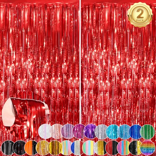 Image of Red Streamers Foil Fringe Curtain 3.3 x 8.3ft Party Streamers 2Pack Metallic Streamer Curtains Mermaid Birthday Themed Party Decorations Tinsel Curtain for Parties Streamers for Wedding Xmas Decor