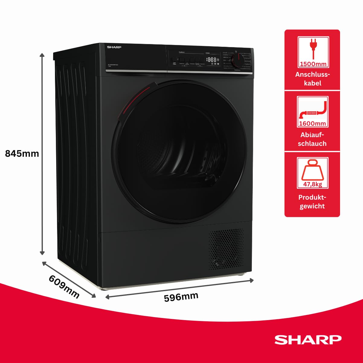SHARP KD-WNHB0S9GAC-DE Wärmepumpentrockner (10 kg, EEK C), (15 Trockenprogramme, 20 Min. Kurzprogramm, WiFi, Edelstahltrommel mit LED-Beleuchtung), Espresso Gray