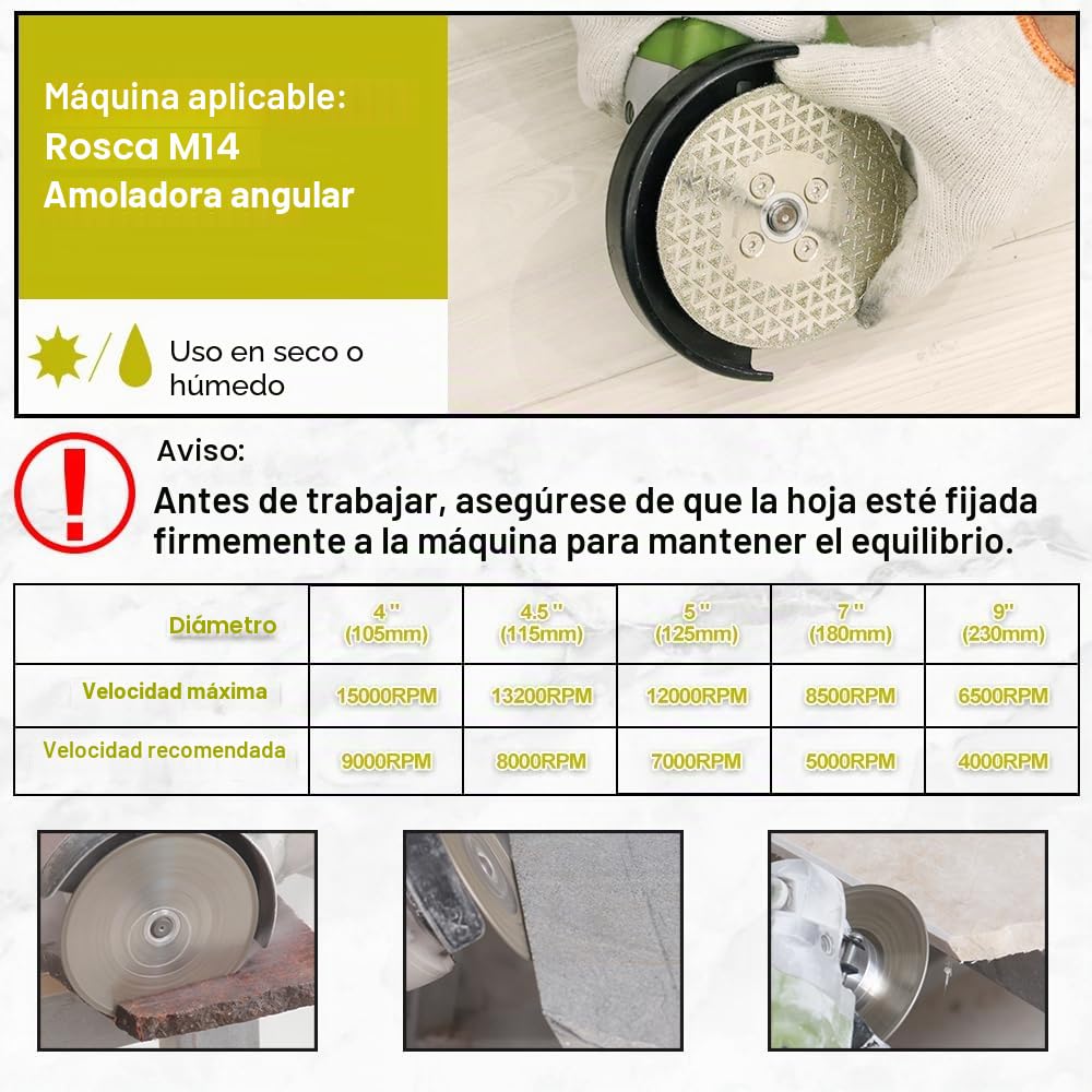Disco Diamante Corte y Rectificado - 115mm SANLEETEK Doble Cara Electrochapado para Granito Mármol Cerámica Gres Porcelánico Cuarzo M14 Rosca