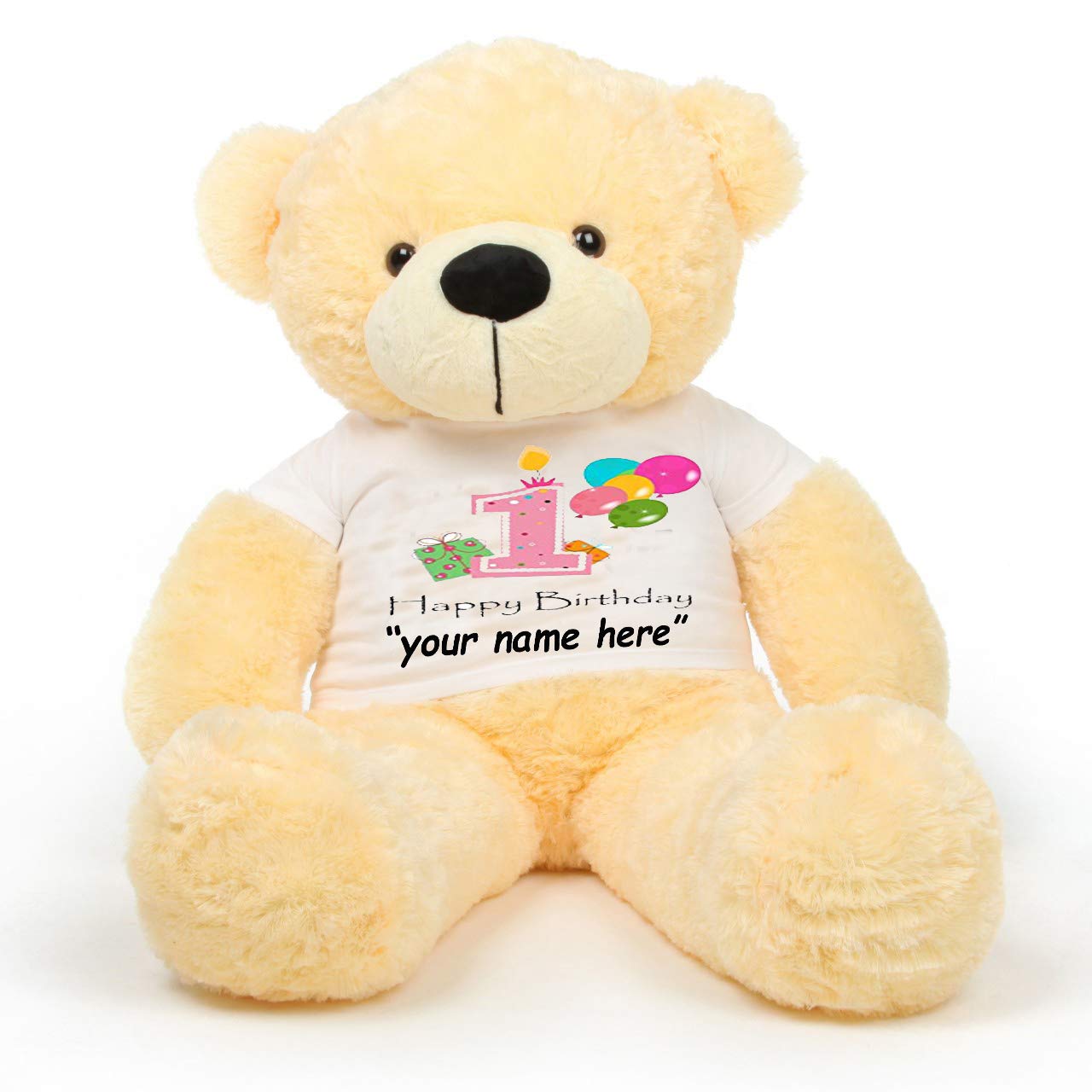 HUG 'n' FEEL SOFT TOYS Big Teddy Bear Wearing Happy 1st Birthday Customise with Your Name or Messages T-Shirt 4 feet Cream_T Shirt_Happy 1st Birthday Plush & Stuffed Toys
