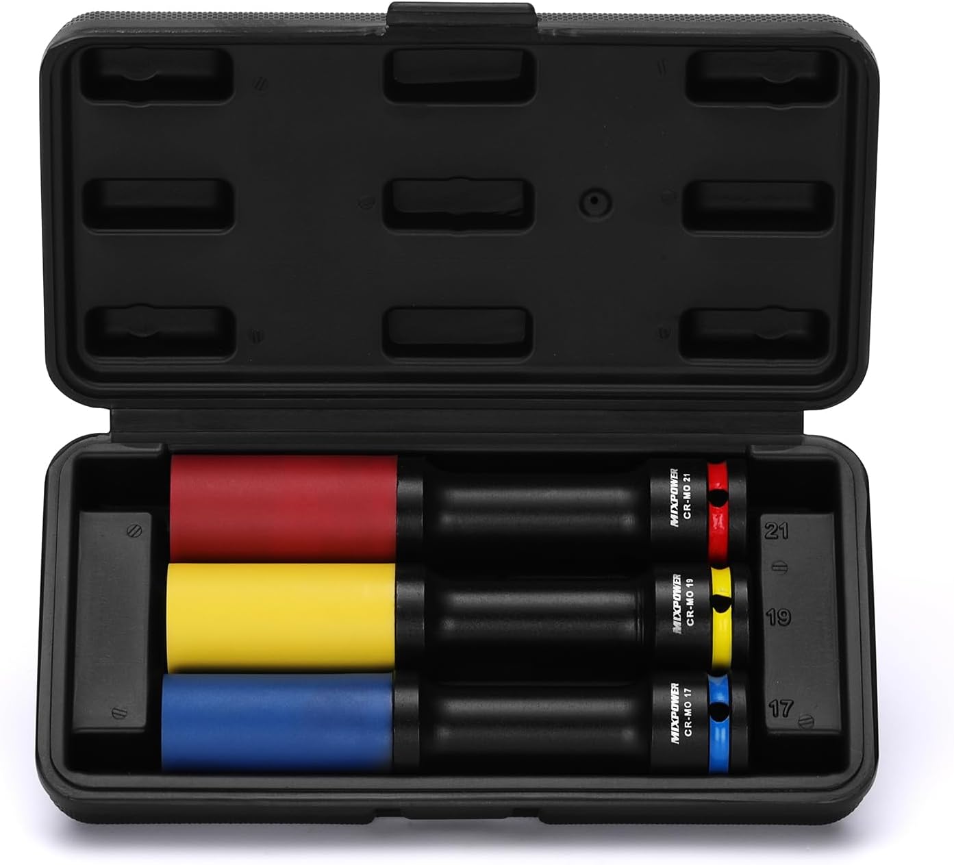 MIXPOWER 3 PCS 1/2" Drive Lug Nut Impact Socket Set, Non-marring & Thin Wall Lug Nut Socket Set, Extra Long 150mm Deep Socket for Wheel Lug Nut Remover,Metric(17 19 21mm), 6-Point,CR-MO