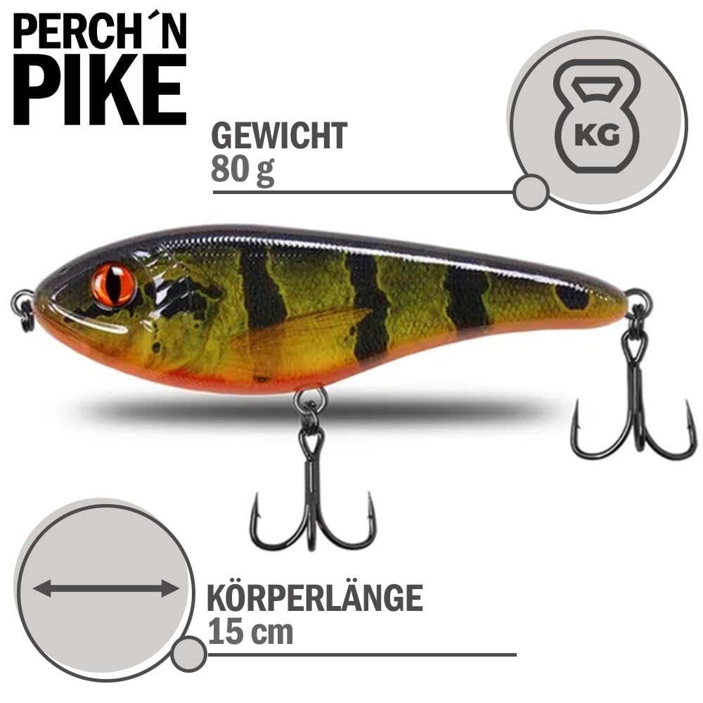 Jerkbait Hecht I 15cm, 80g Slow Sinking für große Hechte, Wobbler Jerkbait Hechtangeln, Kunstköder, Angelköder Raubfische, UV-aktive Jerkbaits