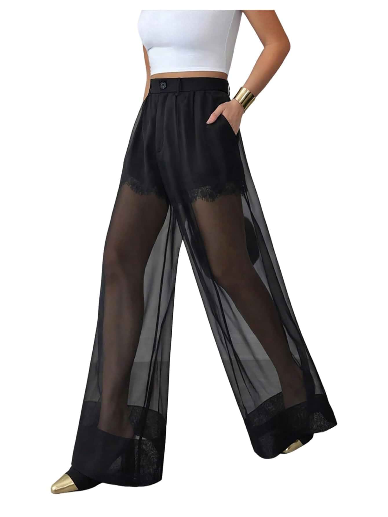 WDIRARA Women's Sheer Mesh Palazzo Pants with Lace Lining | High Waisted, Wide Leg, Flowy Trousers, Lace Lining