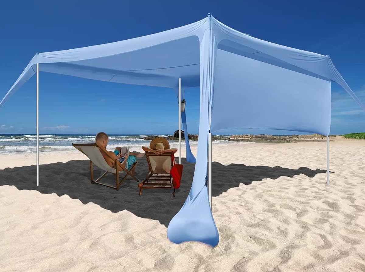 Toldo para playa con paredes laterales de 10 x 10 pies, 6.6 pies de alto, refugio solar UPF50+, resistente al viento y al agua, incluye postes de estabilidad de pala de arena Guylines, fácil de instalar para la playa al aire libre, camping, patio trasero