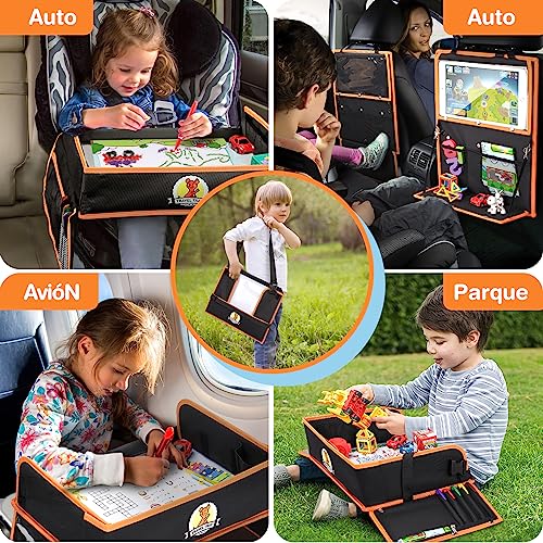 Miniatura 7 de Lenbest Mesa De Viaje Para Niños De Doble Función, Bandeja Para Las Rodillas Protección Del Respaldo Del Coche Con Película Transparente, 5 Placas De Dibujo Y 6 Lápices De Colores, Negro Naranja