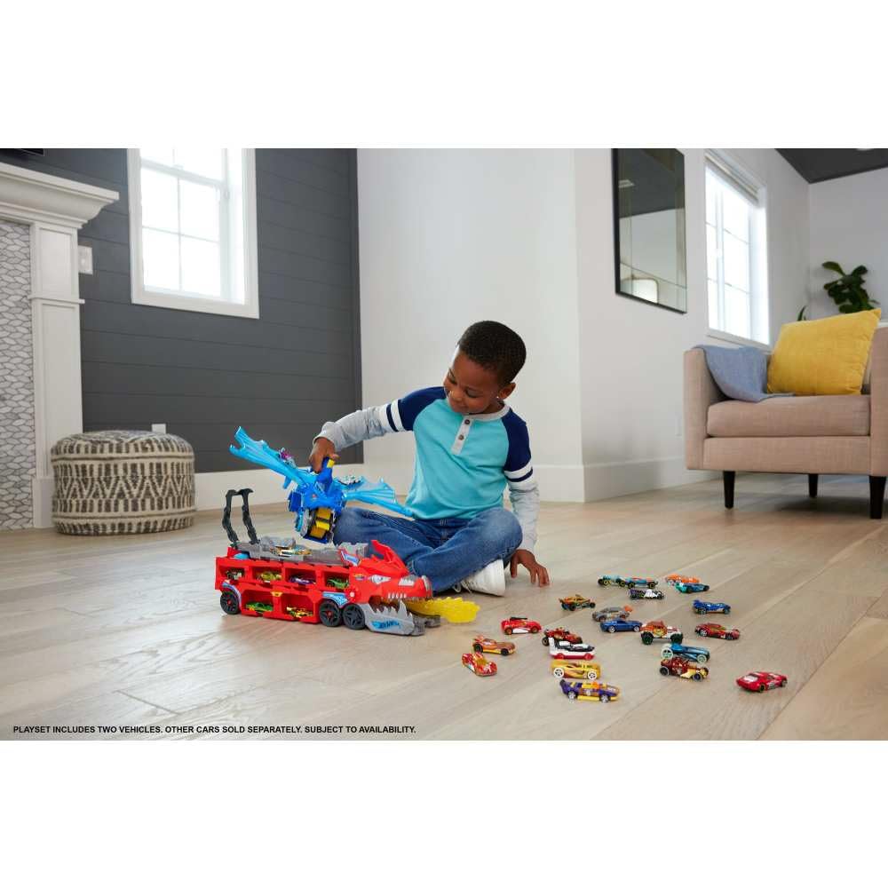 Hot Wheels City Toy Car Track Set, Ultimate Dual Dragon Transporter & 2 Die-Cast Cars, Large-Scale Dragon & Detachable Dragon, Stores 20+ Vehicles