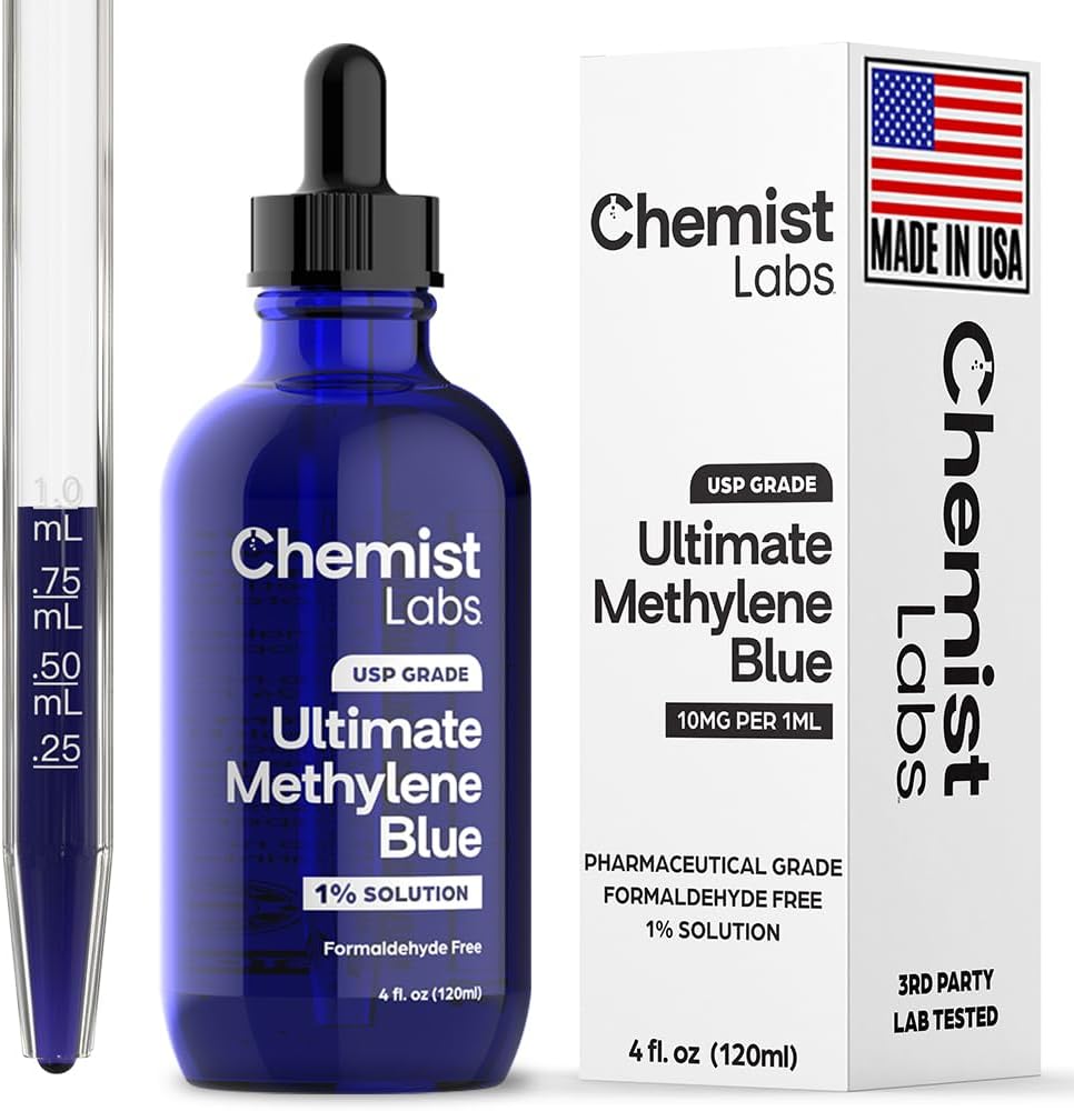 Methylene Blue – 1% Solution | 99.99% USP-Grade Liquid Drops –Mitochondrial & Cellular Support – 4oz (120ml) – Formaldehyde-Free – Made in USA