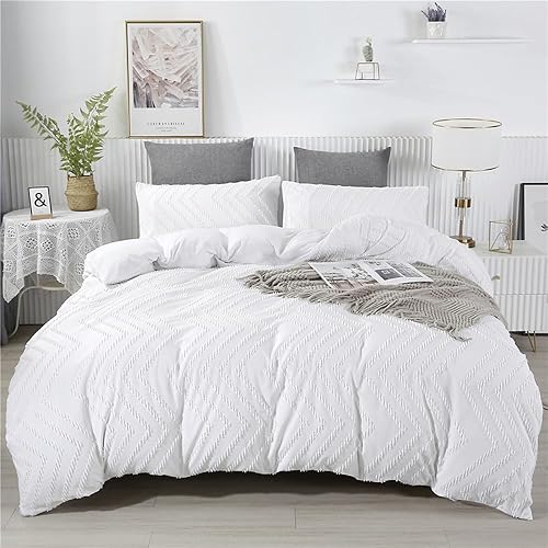 Wellboo Juego de edredón jacquard blanco, tamaño individual, bohemio, blanco, copetudo, para mujeres, niñas, hombres, bordado, shabby chic, cálido,