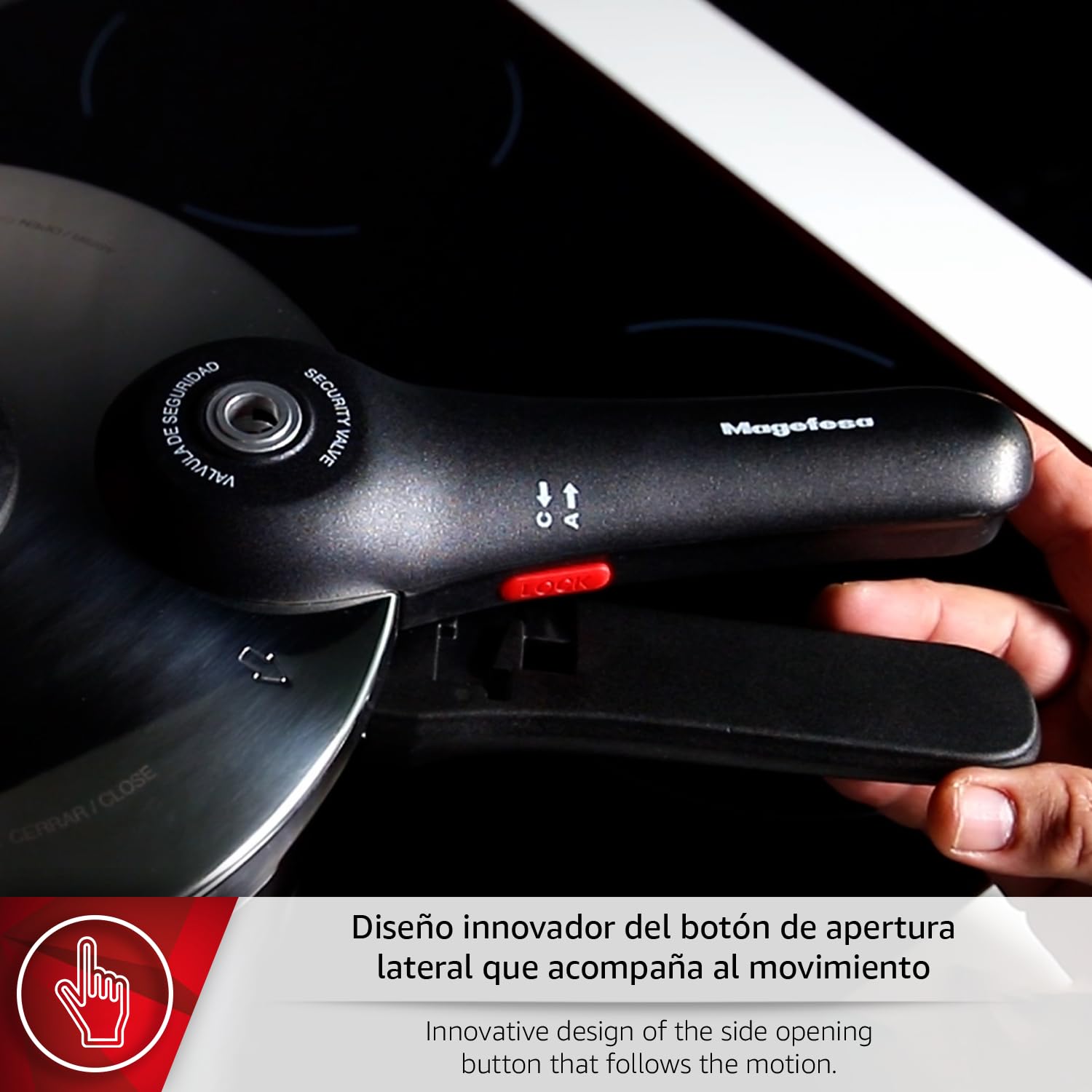 Magefesa EasyClick - Olla Express Rápida de 6 Litros, Acero Inoxidable 18/10, Apertura Fácil, Todo Tipo de Cocinas, Inducción, 2 Modos de Presión