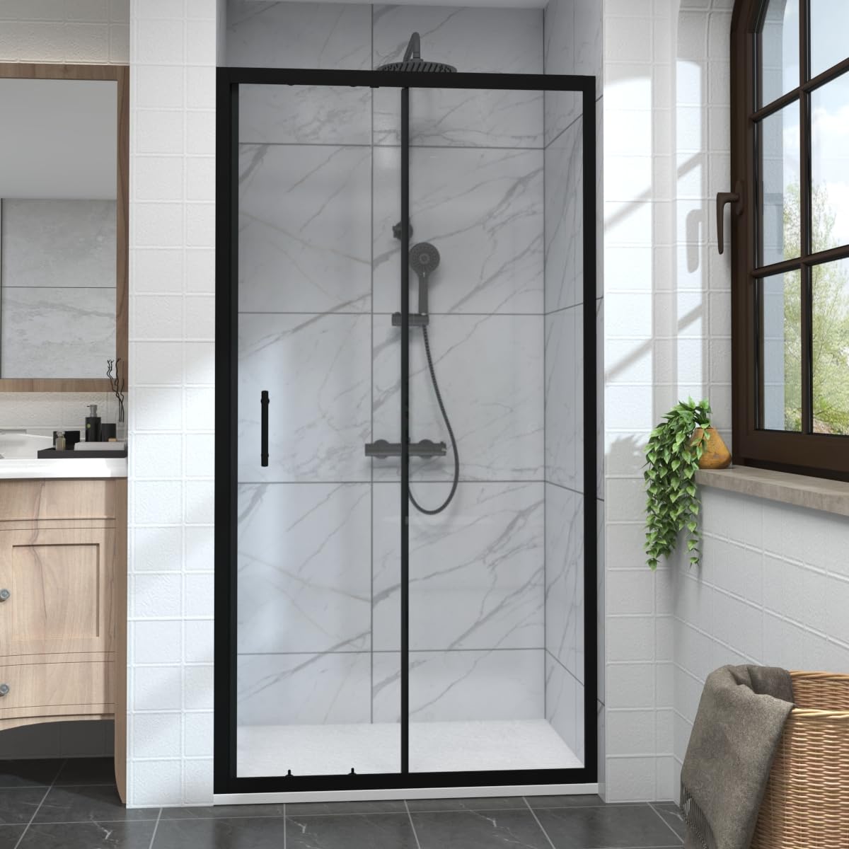 Aquariss 1100mm Black Sliding Shower Door Enclosure 6mm Tempered Glass Single Shower Screen Reversible for Bathroom Wetroom Cubicle