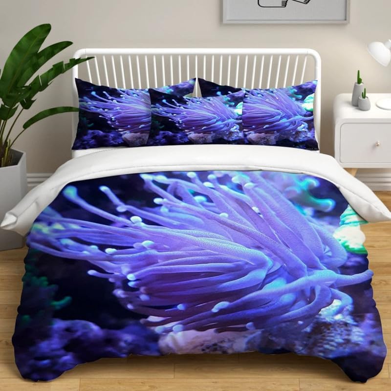 Housse de couette 220x240 marine méduse et parure de lit 2 taies 65x65 en microfibre douce