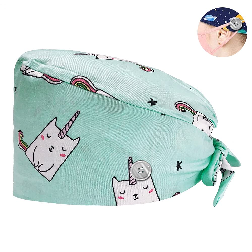 Adjustable Working Cap with Button, Scrub Cap with Sweatband, Elastic Bandage Hair Tie Back, Turban Hat for Women Men, One Size (12137)