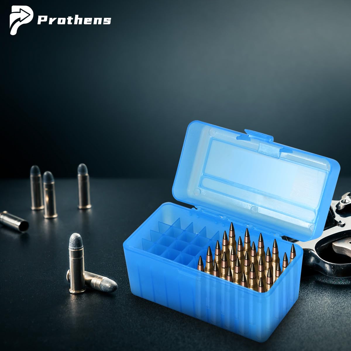 50 Round Flip-Top Fucile Ammortizzatore Box Plastica Impilabile e Bloccabile Ammortizzatore Can Bullet Case Progettato per Fucile o Shotgun Ammortizzatore Storage-Blu 6,39"*3,85"*3,93"